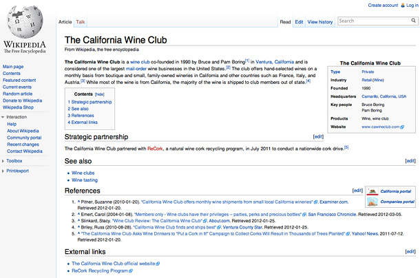 California Wine Club Wikipedia Entry